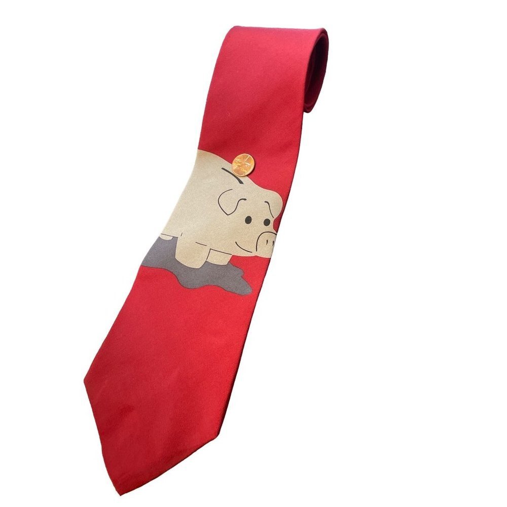 Vintage VIcky Davis Red Piggy Bank Artistic Neck Tie - Picture 2 of 6